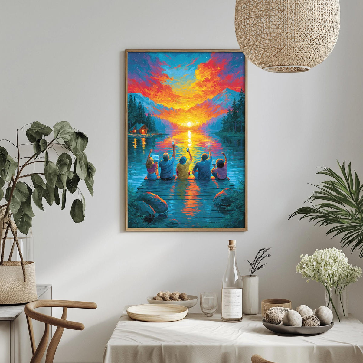 a vibrant painting of a group of people gathered around a lake, with a colorful sunset in the background. The painting is hung on a wall above a dining table, which is set with various items such as a bottle, a bowl, and a vase. The table is surrounded by chairs, creating a cozy and inviting atmosphere. The overall scene conveys a sense of togetherness and relaxation, with the warm colors of the sunset and the painting adding a touch of warmth and vibrancy to the space.