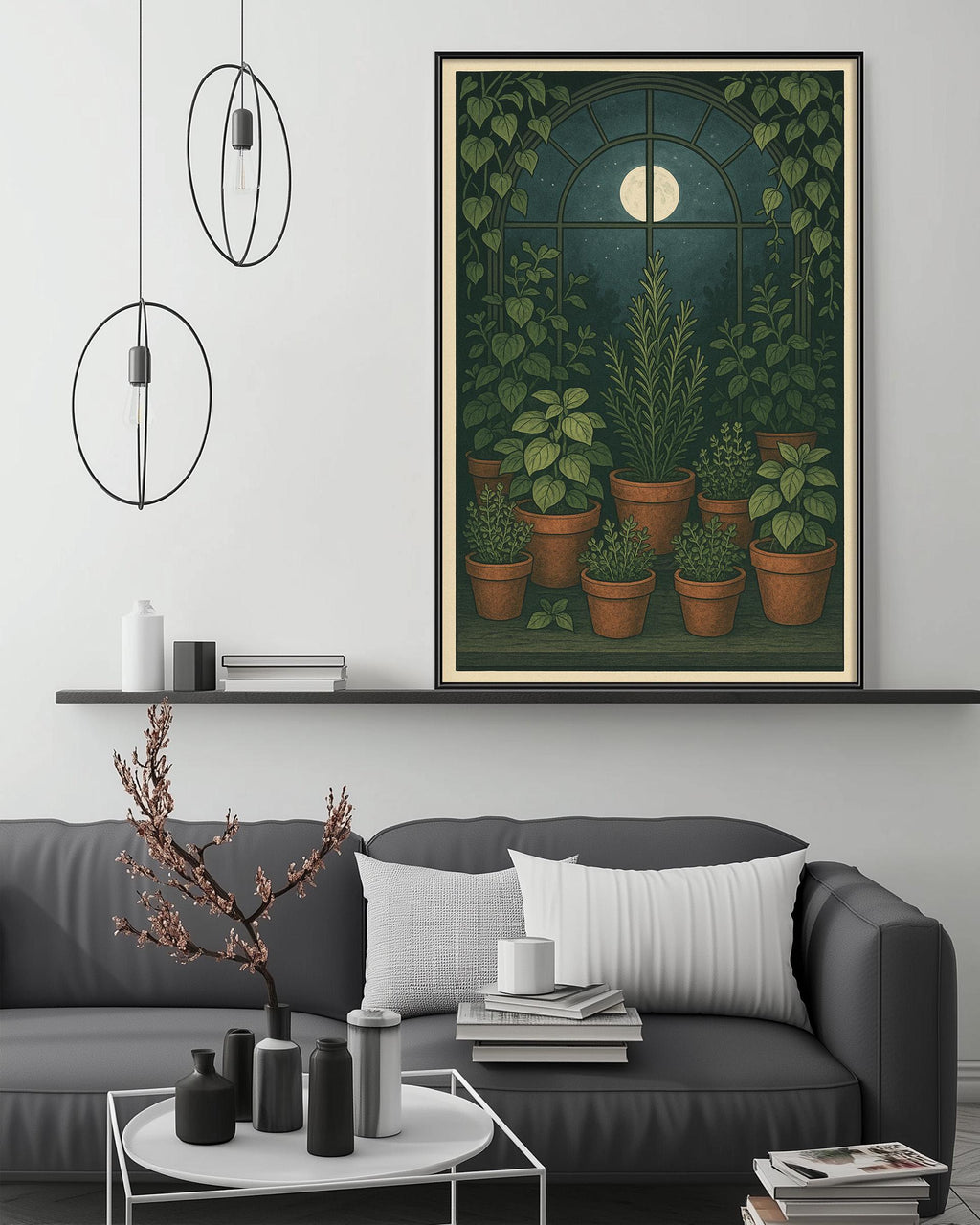 a cozy living room with a gray sofa, a coffee table, and a large framed illustration of a greenhouse filled with potted plants. The room has a minimalist and modern design, with a black pendant light hanging above the sofa and a white shelf below the painting.