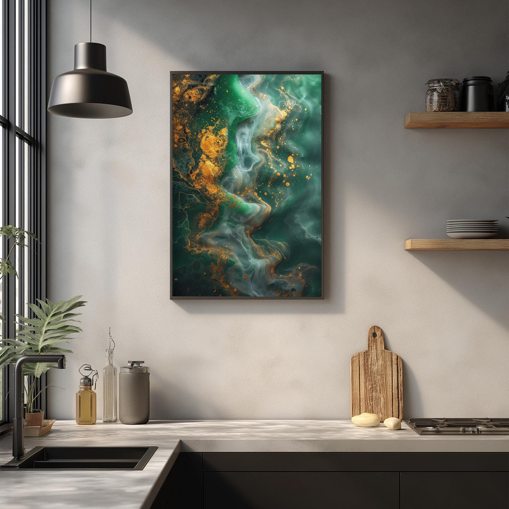 a modern kitchen with a large abstract painting hanging on the wall above a wooden cutting board and other kitchen items.