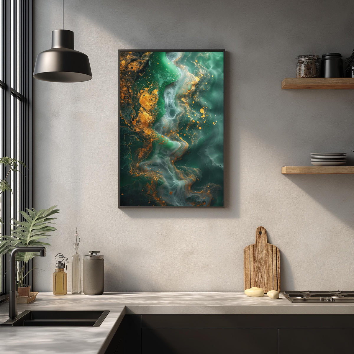 a modern kitchen with a large abstract painting hanging on the wall above a wooden cutting board and other kitchen items.