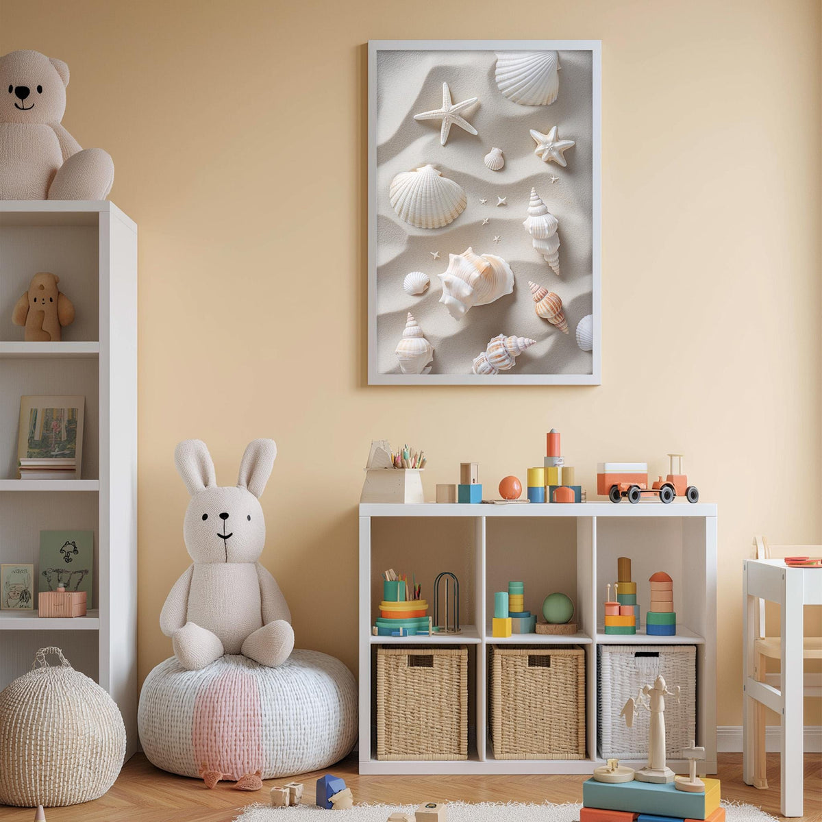 A cozy and colorful children's bedroom with a large stuffed rabbit, shelves filled with toys, and a framed picture of seashells on the wall.