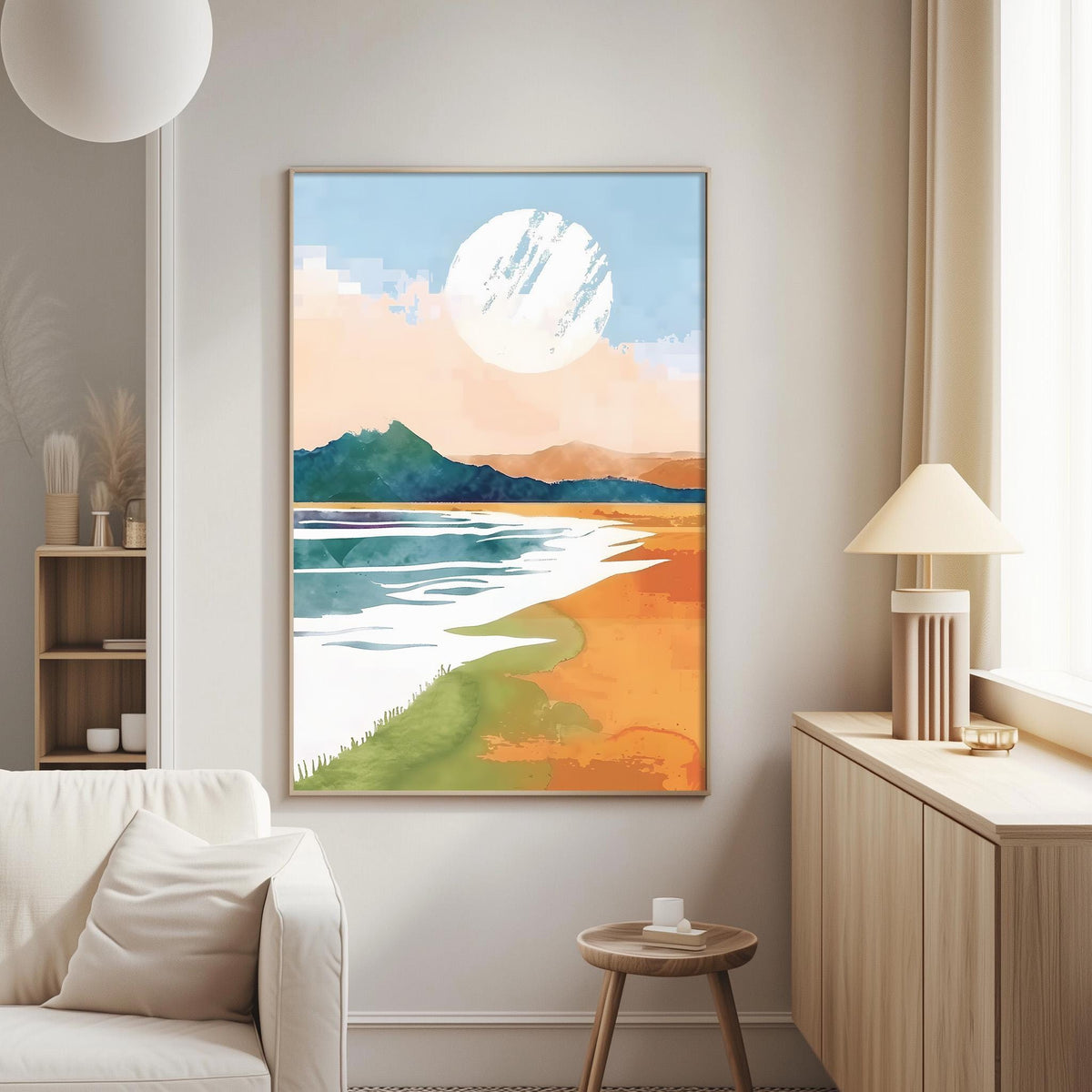 a large, colorful painting of a landscape with a large white circle in the sky, depicting a serene and peaceful scene.