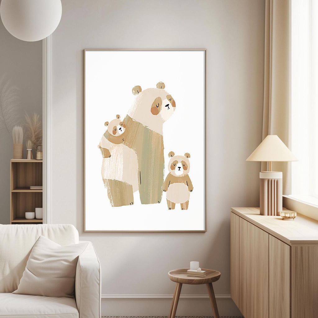 a cozy living room with a white sofa, a wooden side table, and a framed illustration of three cartoon bears on the wall.