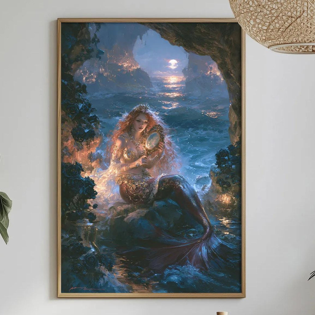 a large, colorful painting of a mermaid in a cave, hanging on a wall above a dining table with various decorative items and plants.