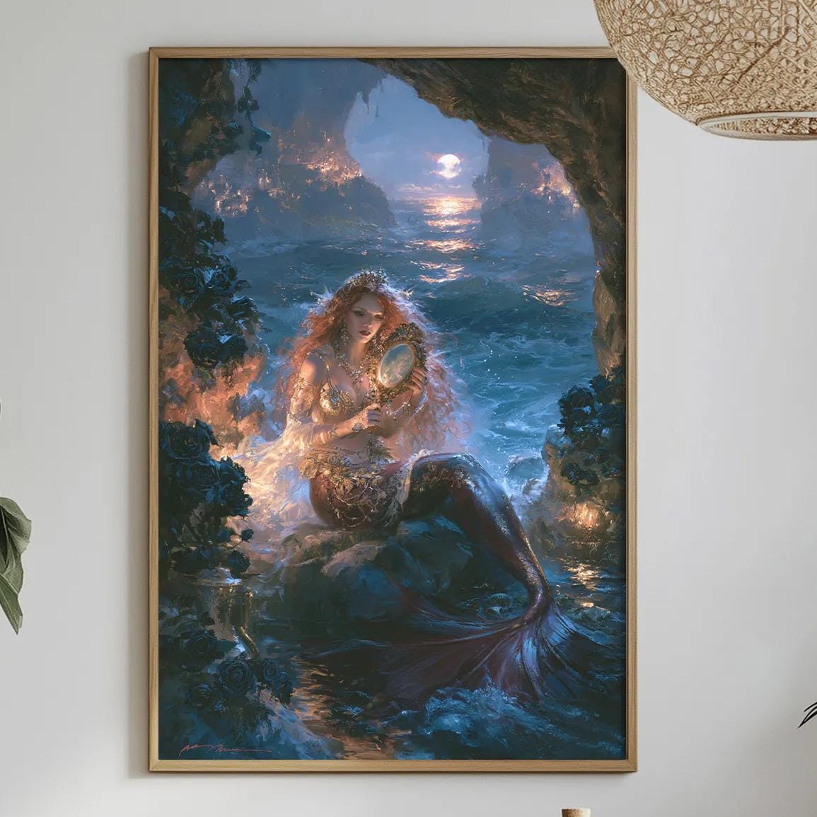 a large, colorful painting of a mermaid in a cave, hanging on a wall above a dining table with various decorative items and plants.