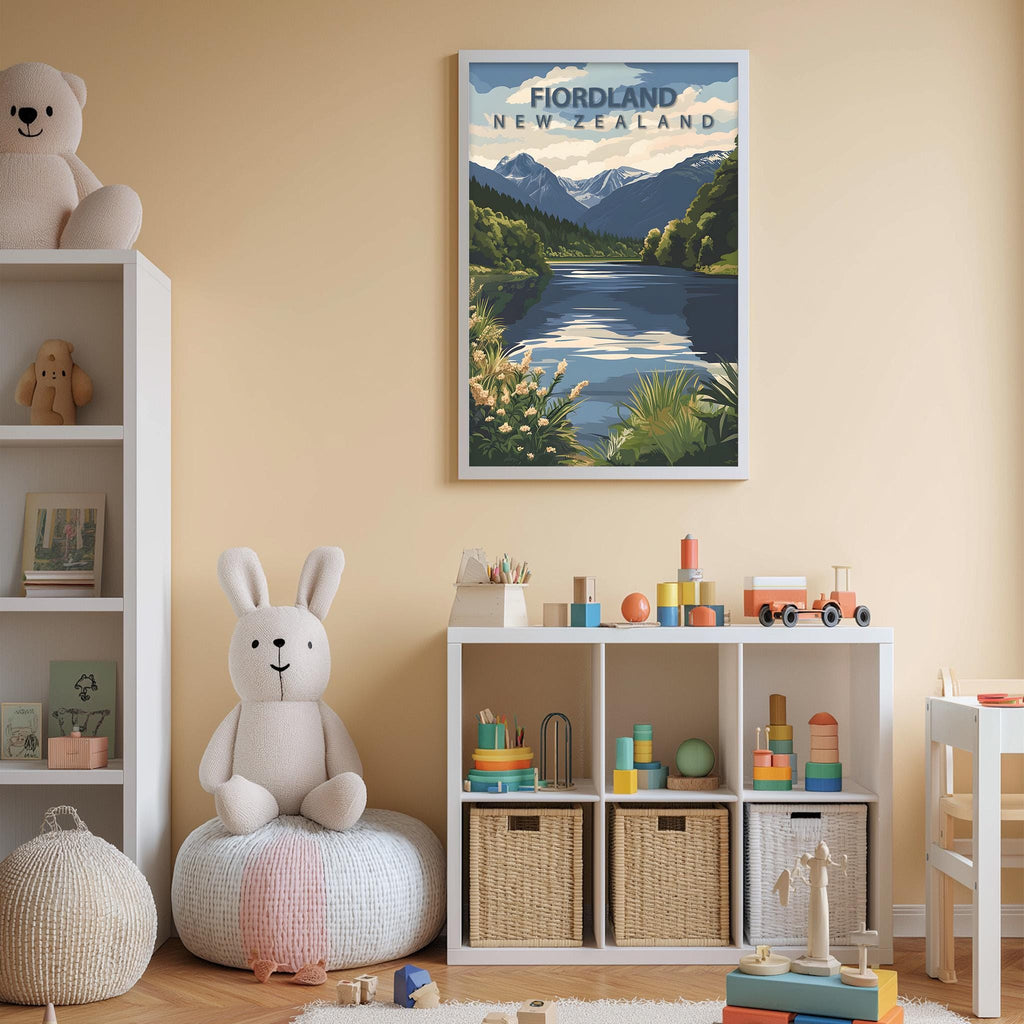 A cozy children's room with a large poster of Fjordland, New Zealand, hanging on the wall. The room is filled with toys, including a stuffed rabbit, and has a bookshelf and storage bins.