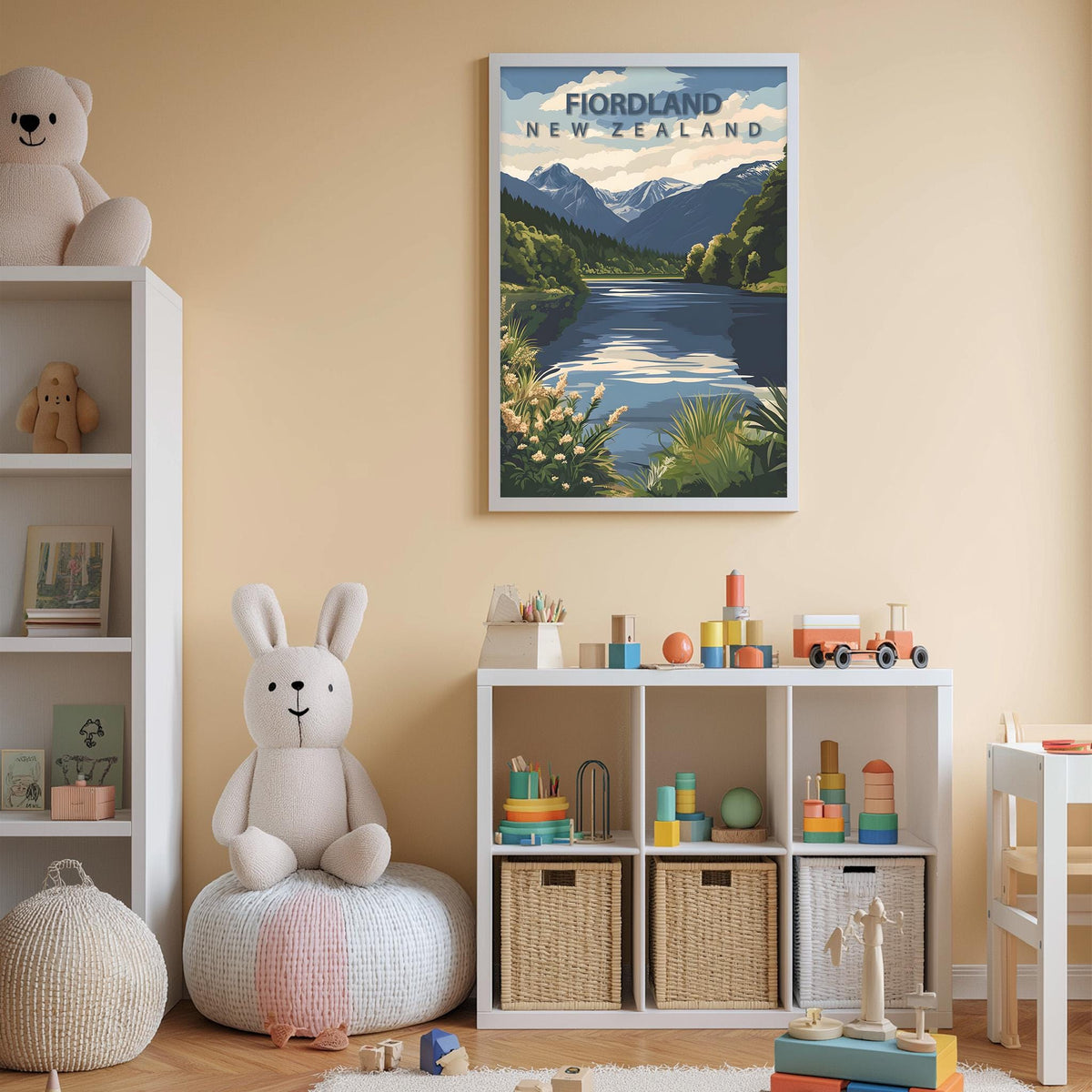 A cozy children's room with a large poster of Fjordland, New Zealand, hanging on the wall. The room is filled with toys, including a stuffed rabbit, and has a bookshelf and storage bins.