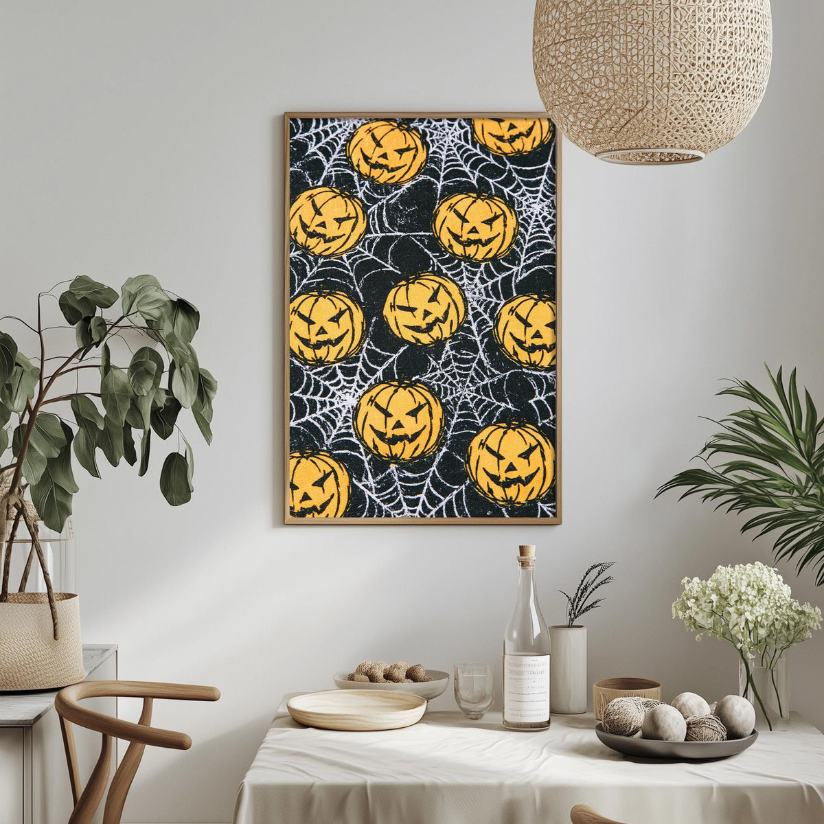 a Halloween-themed wall art with a spider web design and multiple jack-o-lanterns. The wall art is hanging above a dining table with various items on it, including a bottle, a bowl, and a vase.