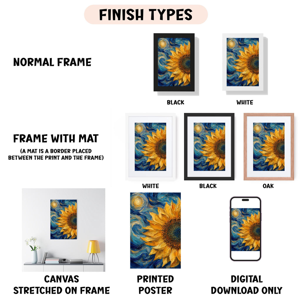 various types of artwork, including a canvas stretched on a frame, a framed poster, and a digital poster. The artwork features a sunflower and a starry night sky, with different frame colors and styles.
