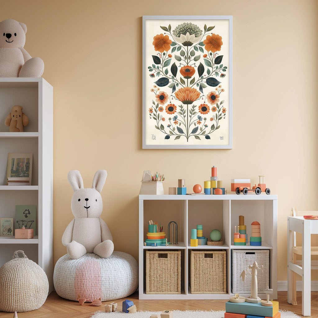 A cozy and colorful children's bedroom with a large floral print on the wall, a white bookshelf filled with toys, and a plush rabbit sitting on a bean bag chair.