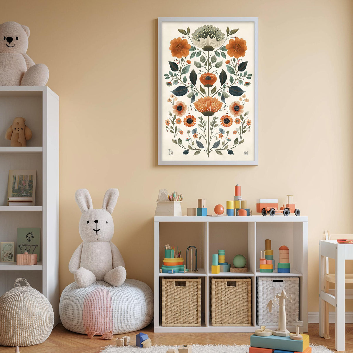 A cozy and colorful children's bedroom with a large floral print on the wall, a white bookshelf filled with toys, and a plush rabbit sitting on a bean bag chair.