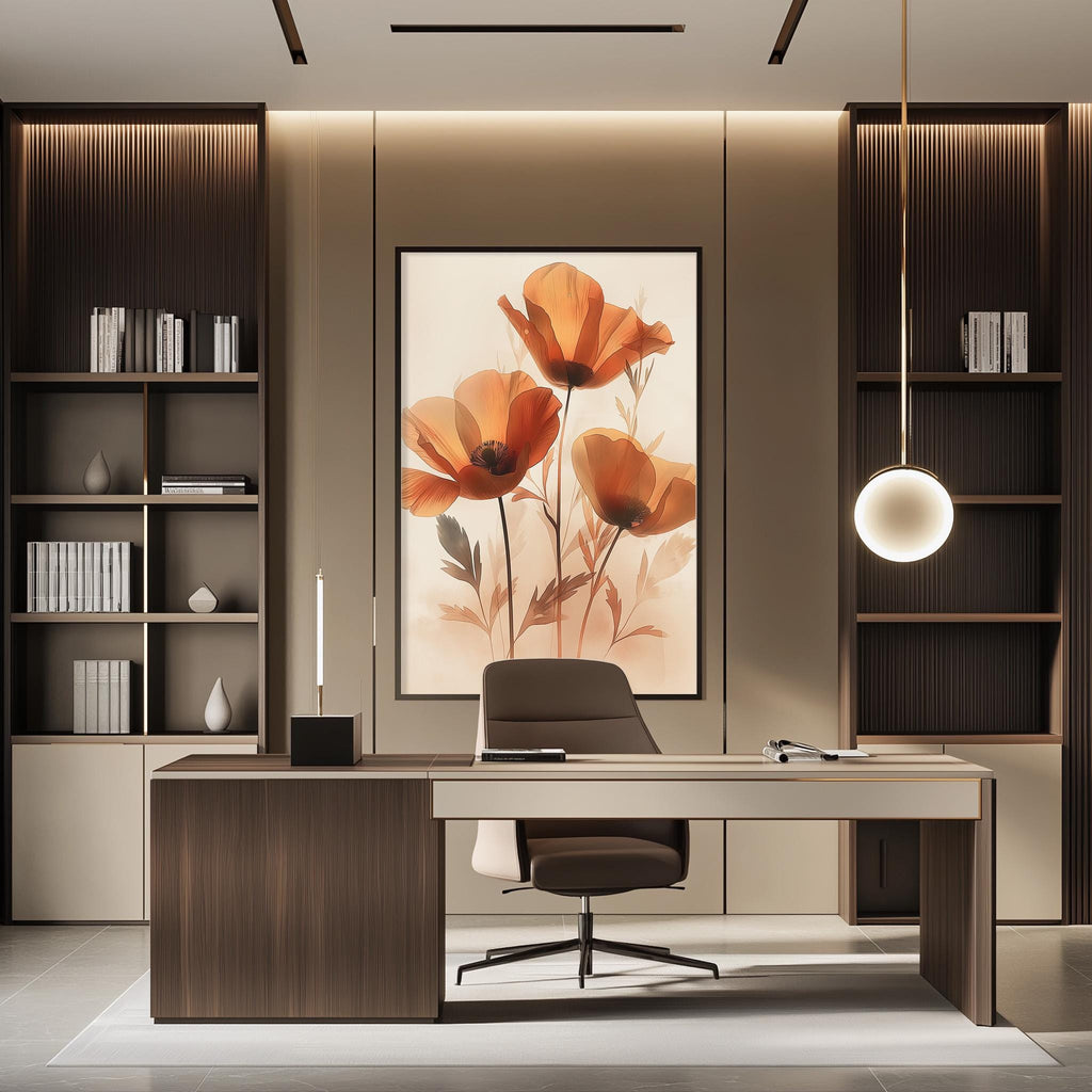 a modern and well-designed office space with a large floral artwork on the wall, a wooden desk, and a comfortable-looking chair.