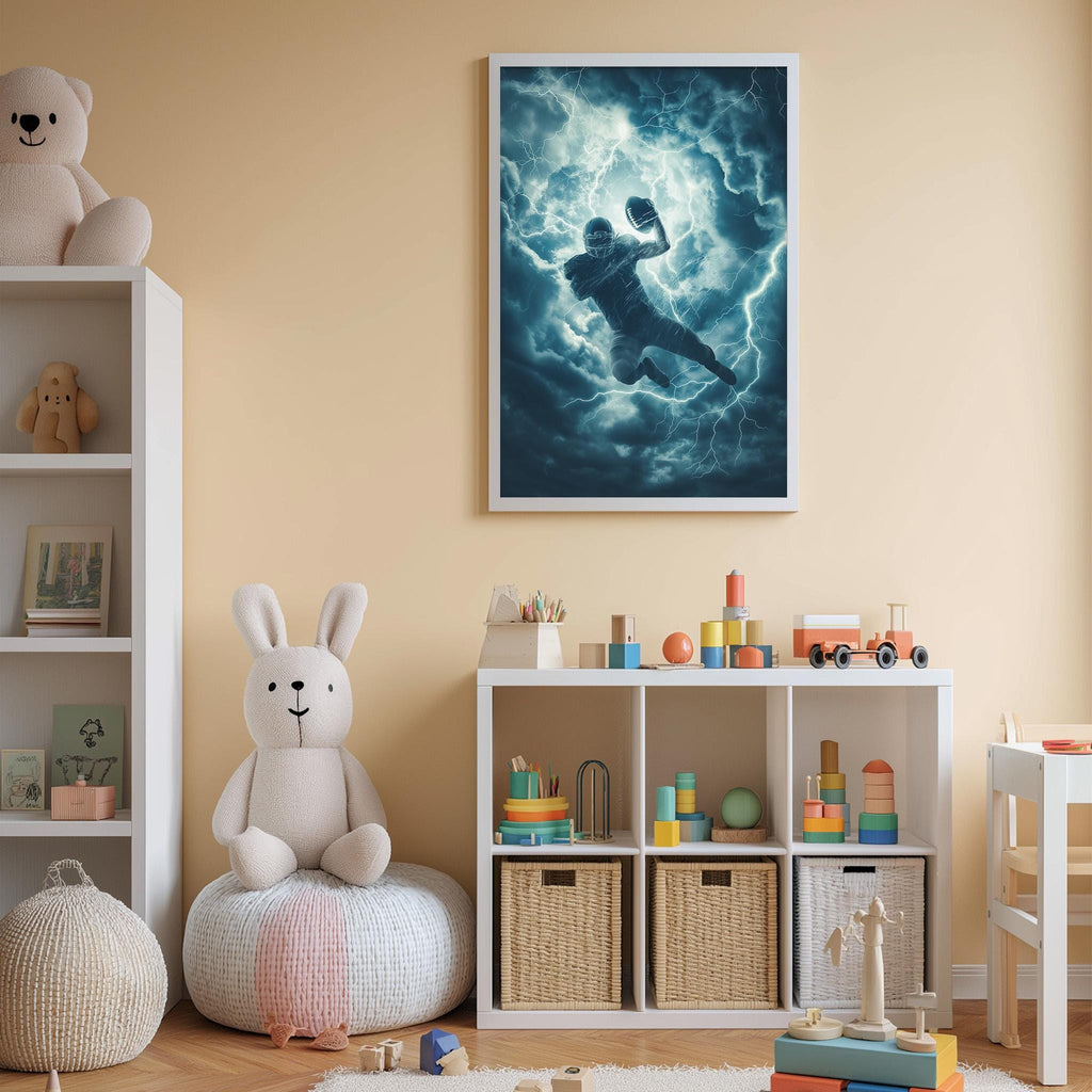 a child's bedroom with a large framed poster of a football player on the wall, a white bookshelf filled with toys, and a white bean bag chair.