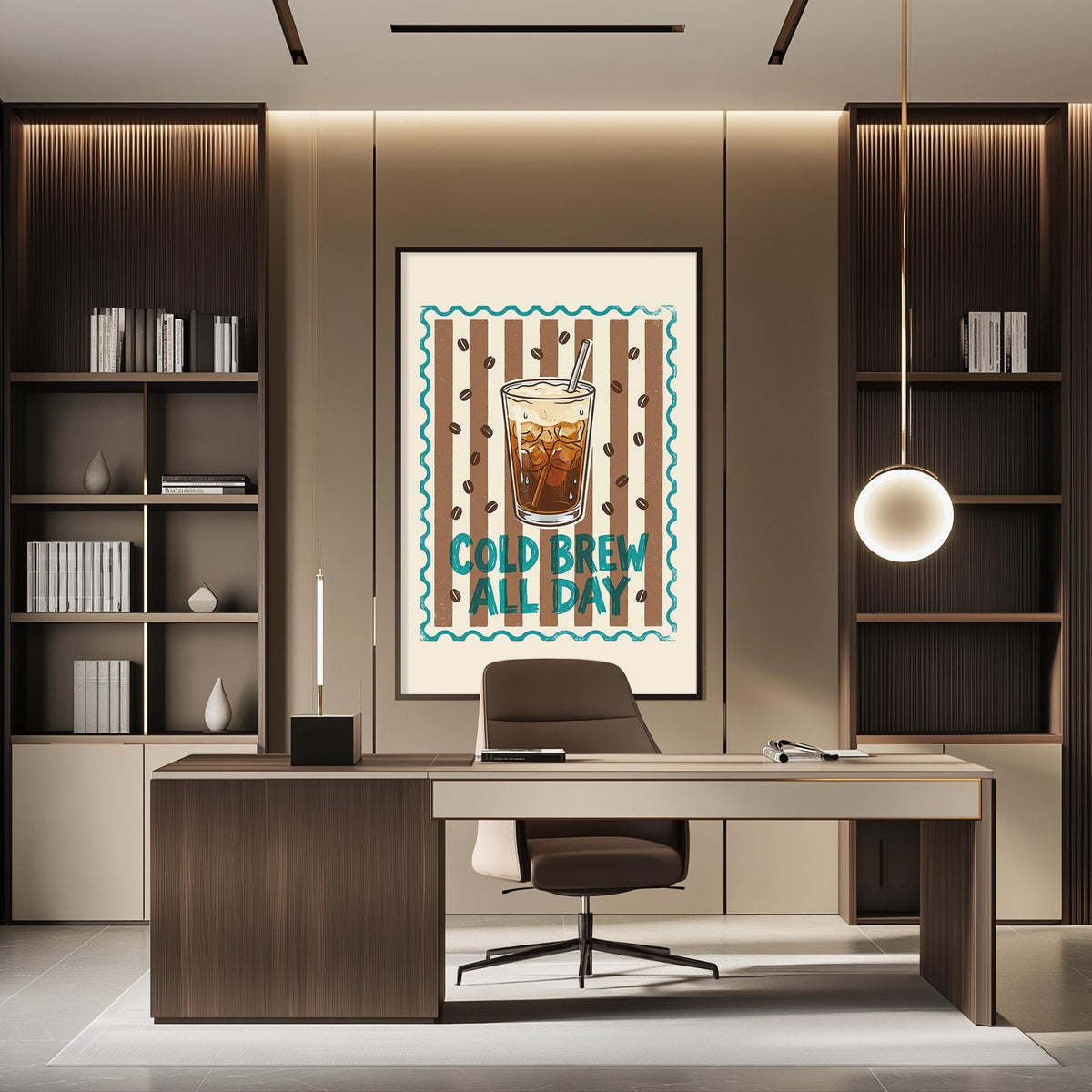 a modern office space with a desk, chair, and bookshelves. There is a framed poster on the wall that says "COLD BREW ALL DAY".
