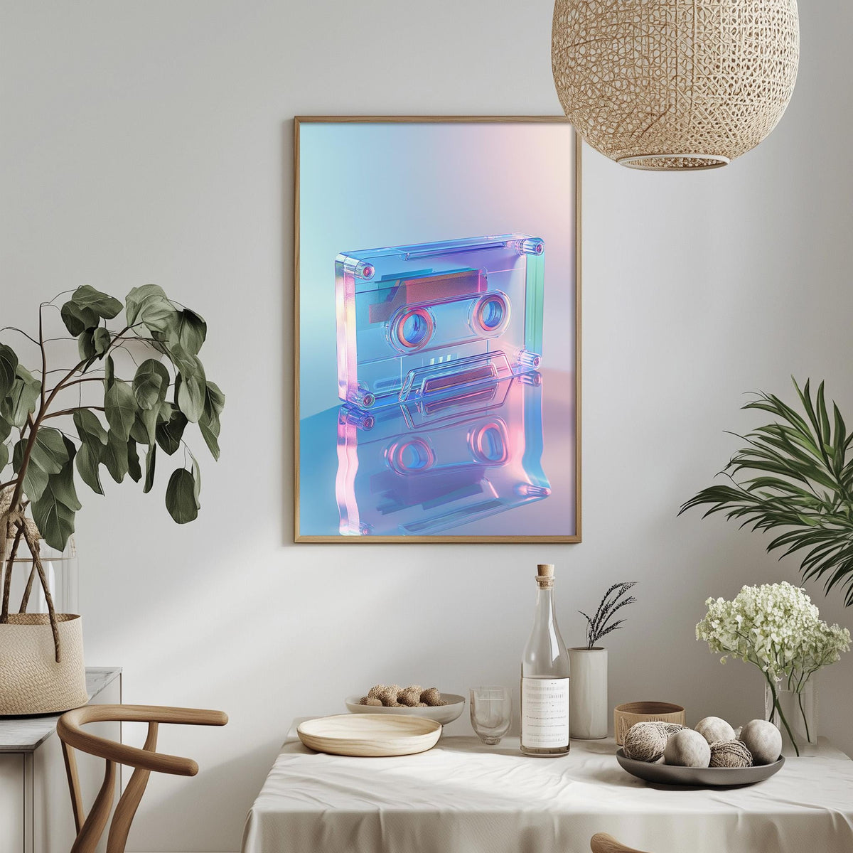 a modern and stylish dining room with a table set for a meal. The table is adorned with various items, including a bottle, a bowl, and a vase. A framed picture of a cassette tape is hanging on the wall above the table, adding a unique touch to the room's decor.