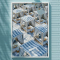 a blue wall with a framed photograph of a beach scene, including beach chairs and umbrellas.