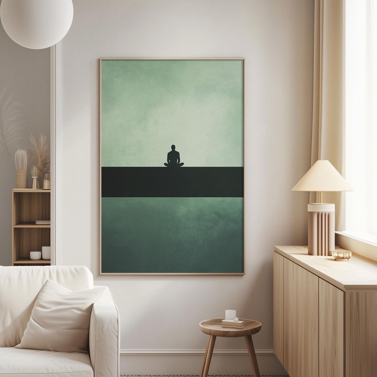 a serene living room with a large abstract painting hanging on the wall, featuring a silhouette of a person sitting in a meditative pose. The room is furnished with a white sofa, a wooden side table, and a lamp, creating a calm and peaceful atmosphere.