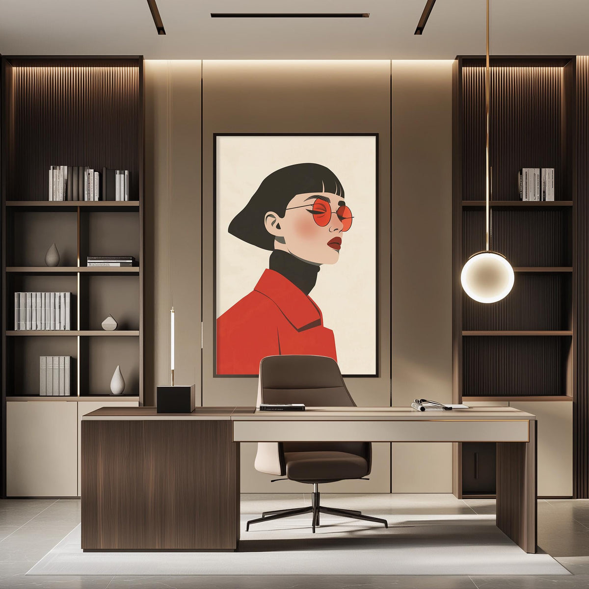 a modern office space with a large framed portrait of a woman wearing a red jacket and sunglasses as the focal point. The office has a wooden desk, a comfortable-looking chair, and a bookshelf filled with books. The overall design and decor create a stylish and professional atmosphere.