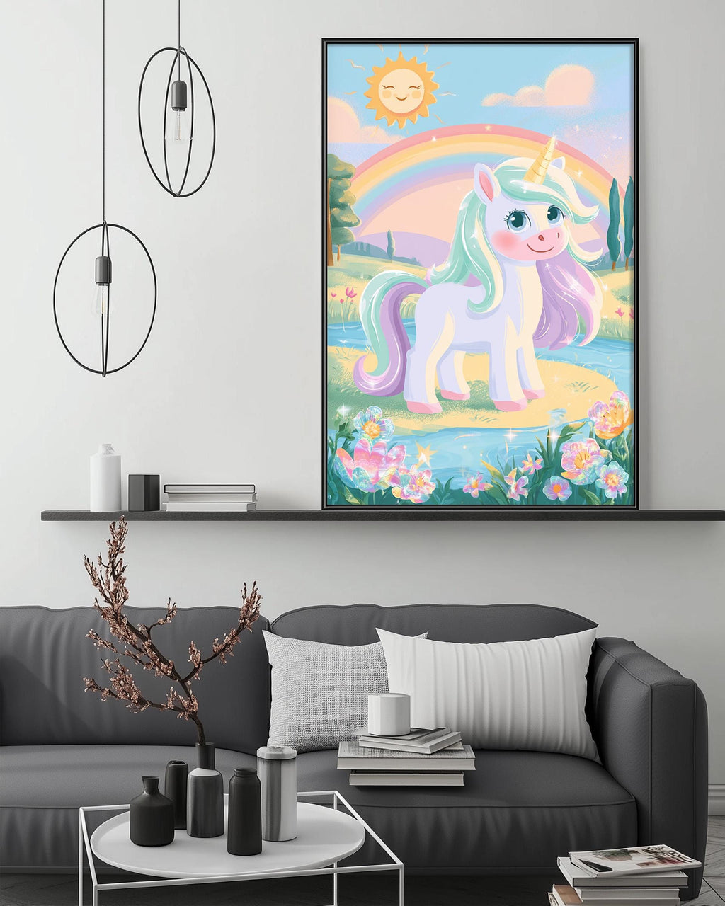 a large, colorful painting of a unicorn in a field with a rainbow in the background, hanging on a wall above a gray couch with decorative items on it.