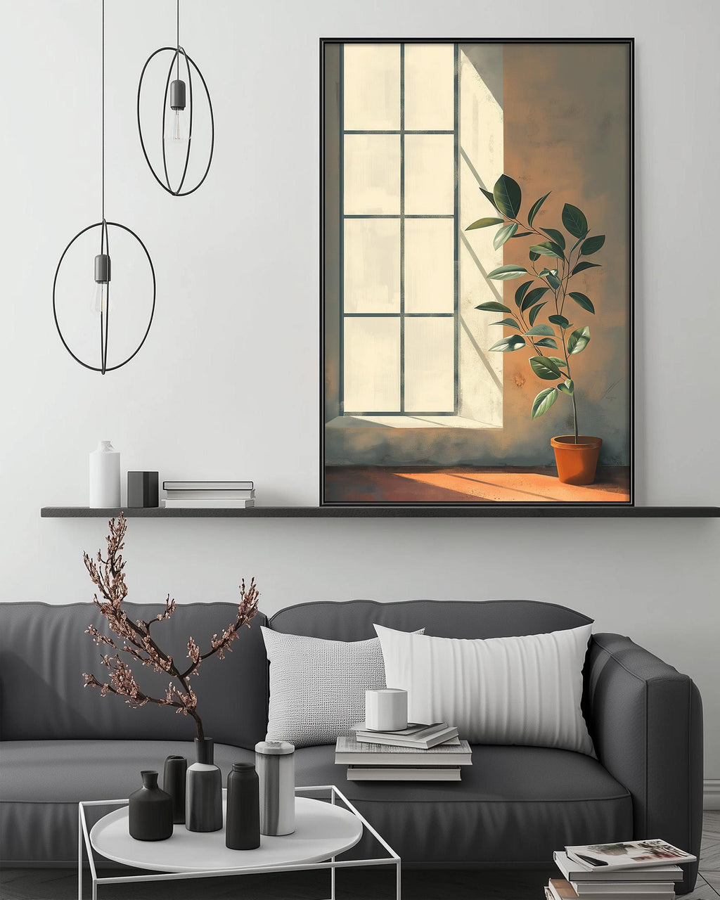 a modern living room with a gray sofa, a coffee table, and a large painting of a plant on the wall. The painting features a window and a plant, creating a serene and natural atmosphere.