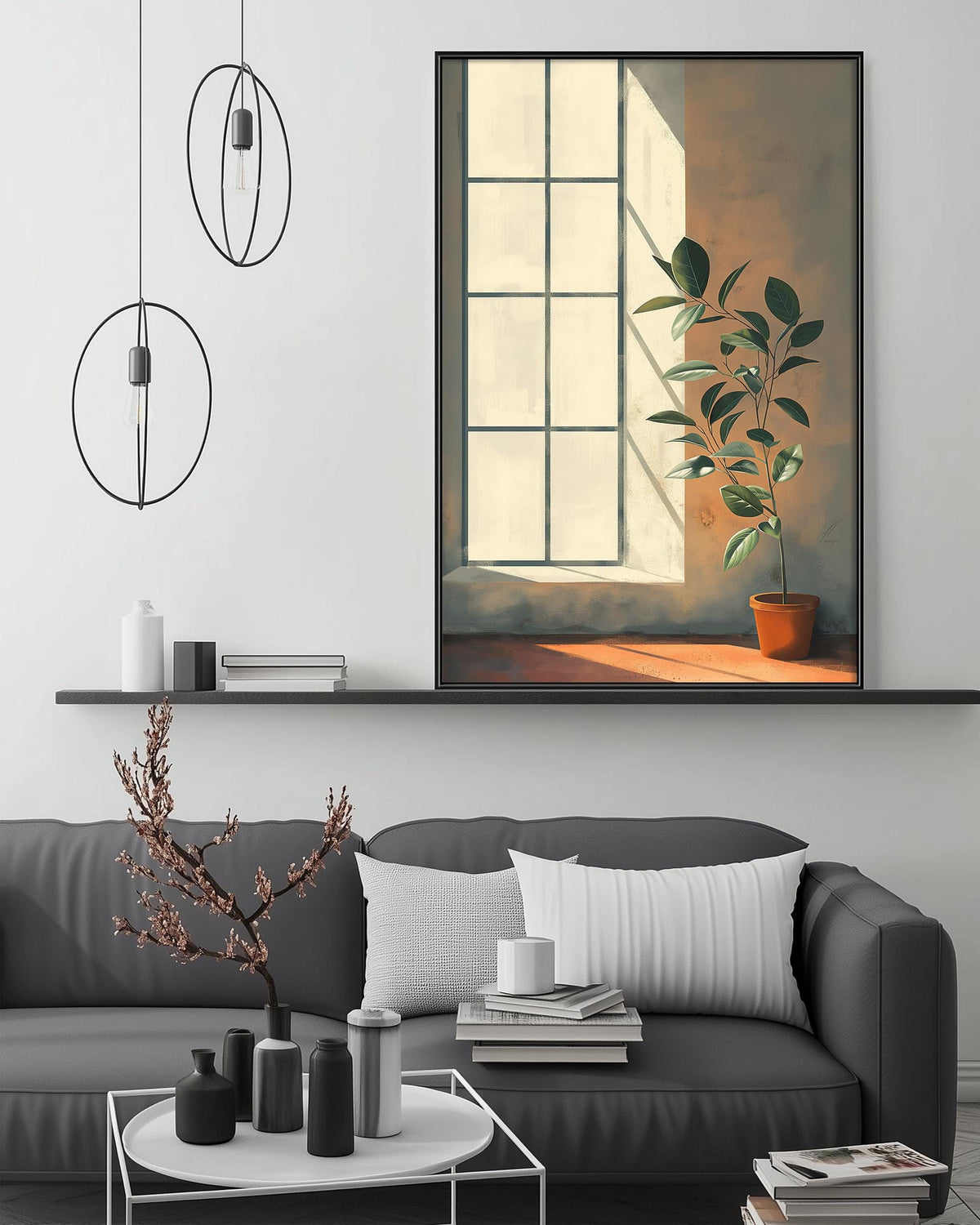 a modern living room with a gray sofa, a coffee table, and a large painting of a plant on the wall. The painting features a window and a plant, creating a serene and natural atmosphere.