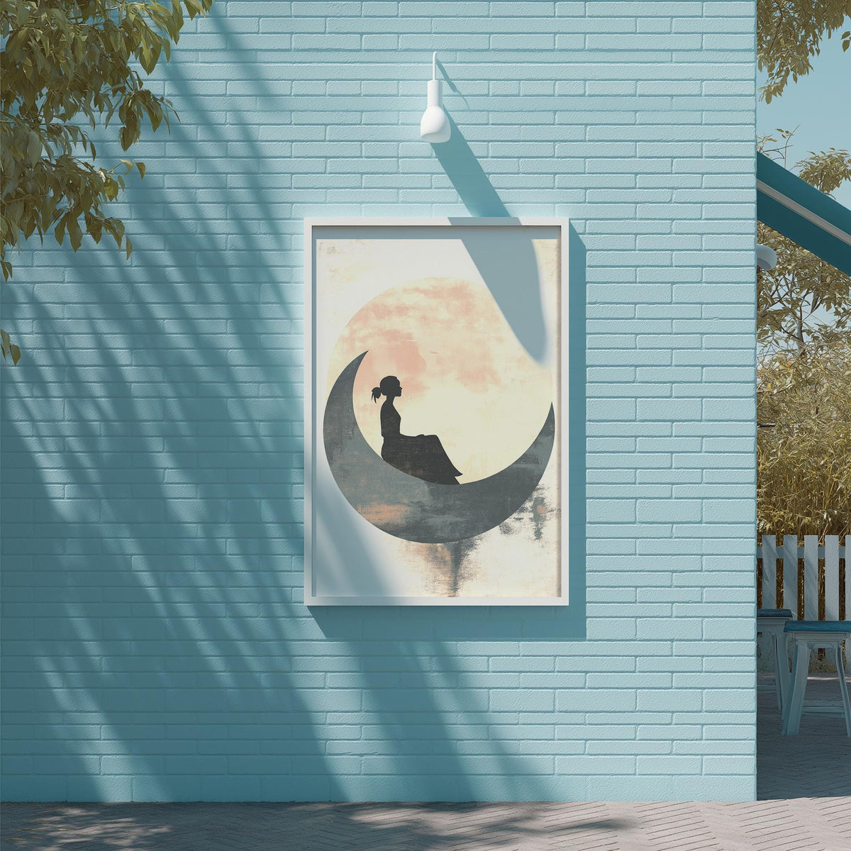 a framed artwork depicting a woman sitting on a crescent moon, which is mounted on a blue brick wall.