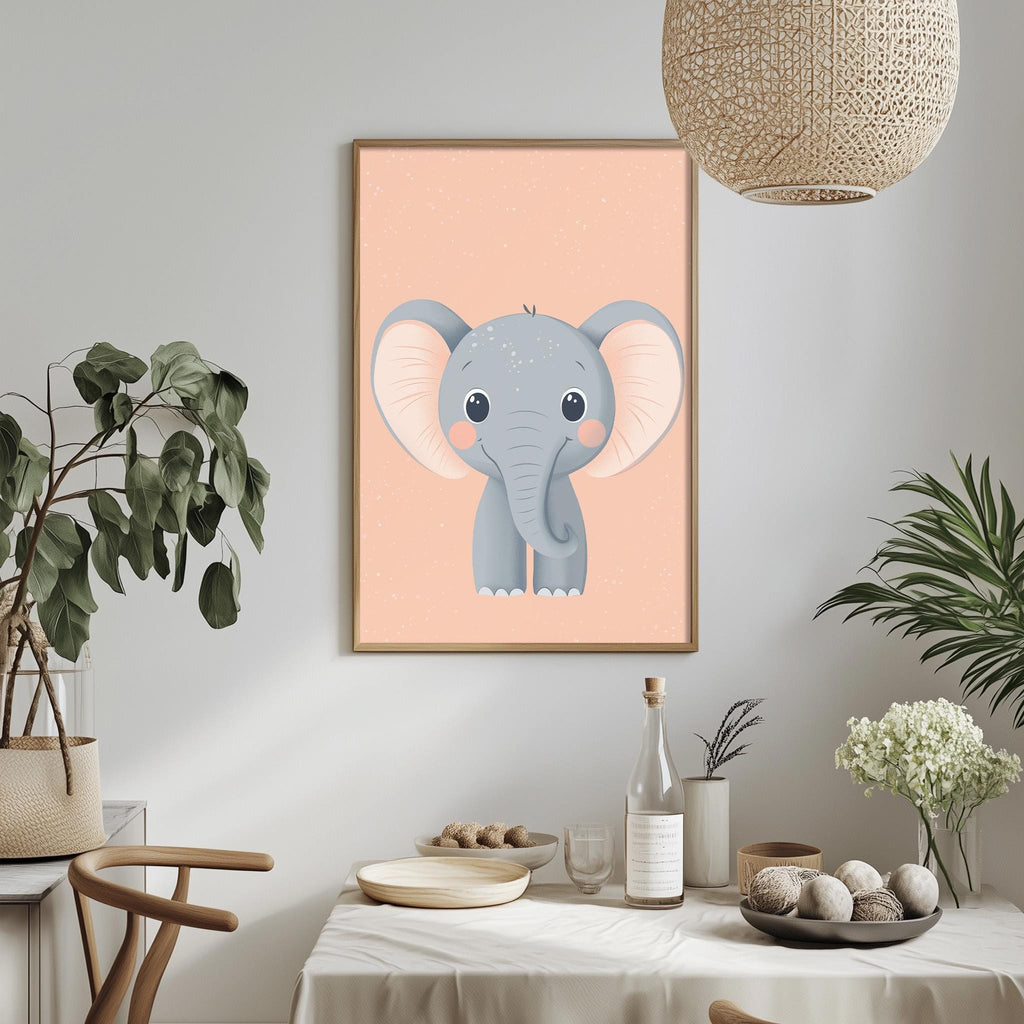a dining table with a bowl of fruit, a bottle, and a vase of flowers, along with a framed picture of a cute elephant on the wall.