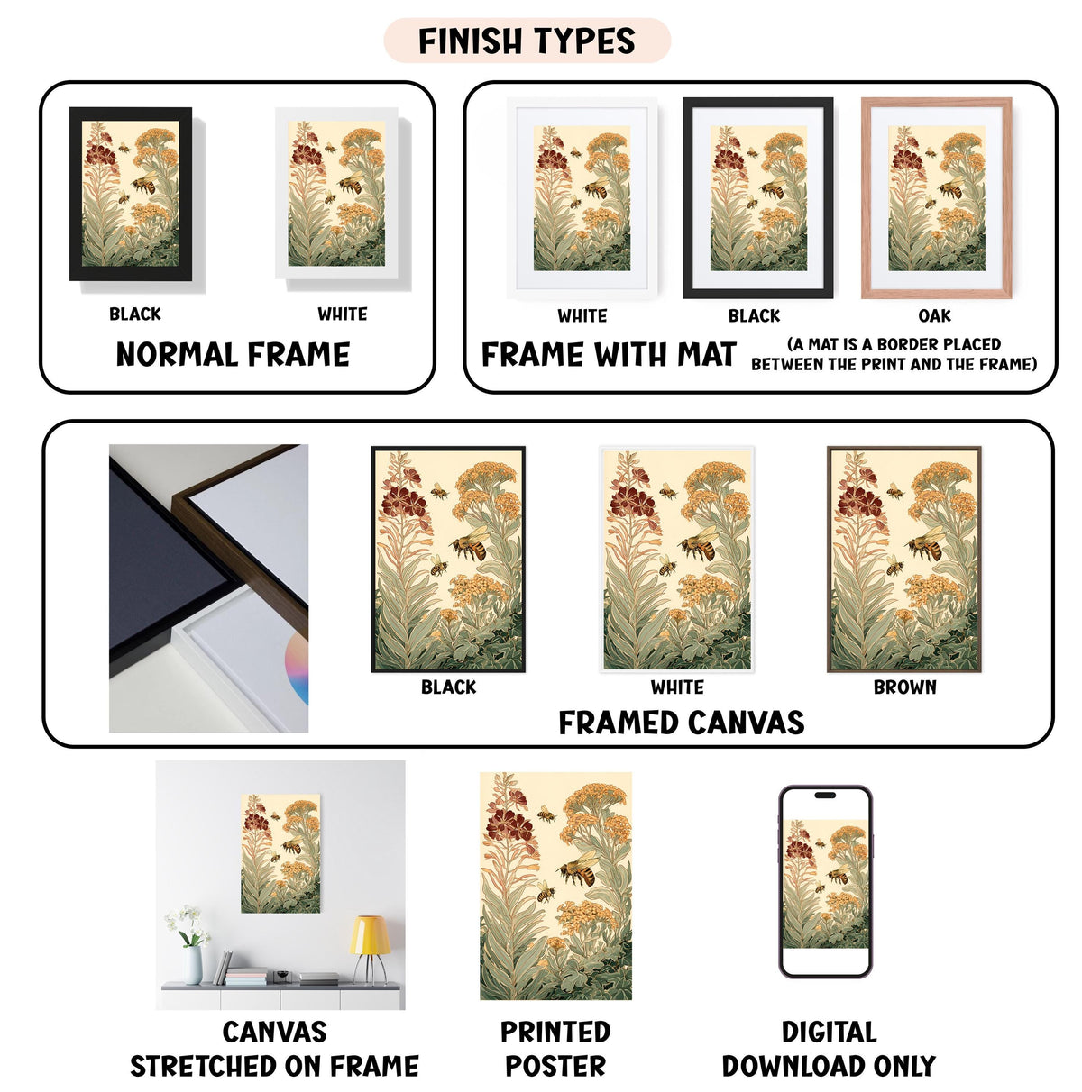various types of artwork, including framed prints, canvas prints, and digital prints, each with different finishes and frame styles.