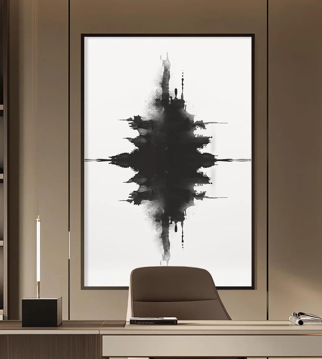 a modern and minimalist office space with a large abstract painting on the wall, a wooden desk with a chair, and built-in bookshelves.