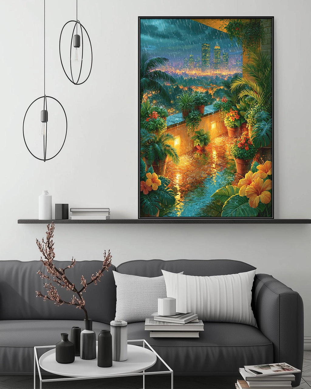 a large, colorful painting of a tropical garden hanging on a wall above a gray couch in a living room setting.