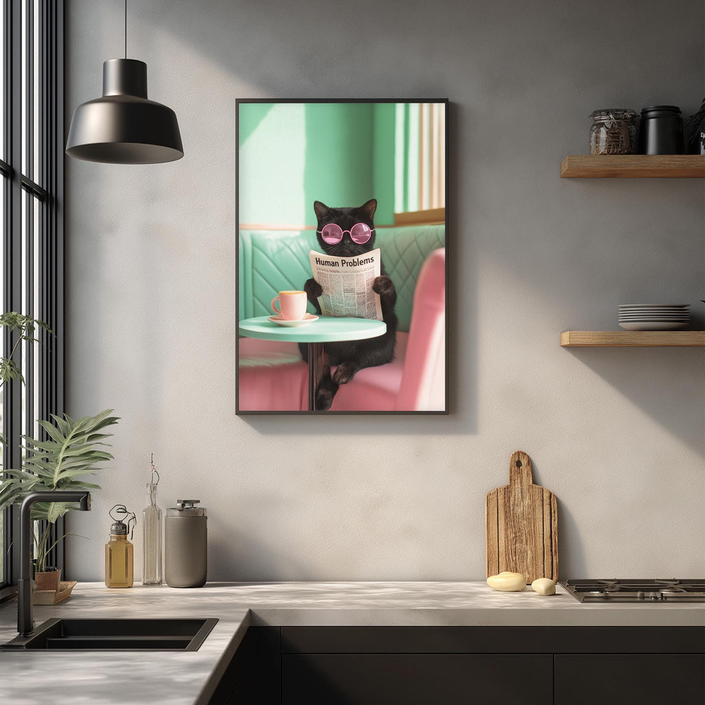 A framed image of a cat sitting in a chair, wearing sunglasses and reading a newspaper, is displayed on the wall in a modern kitchen setting.