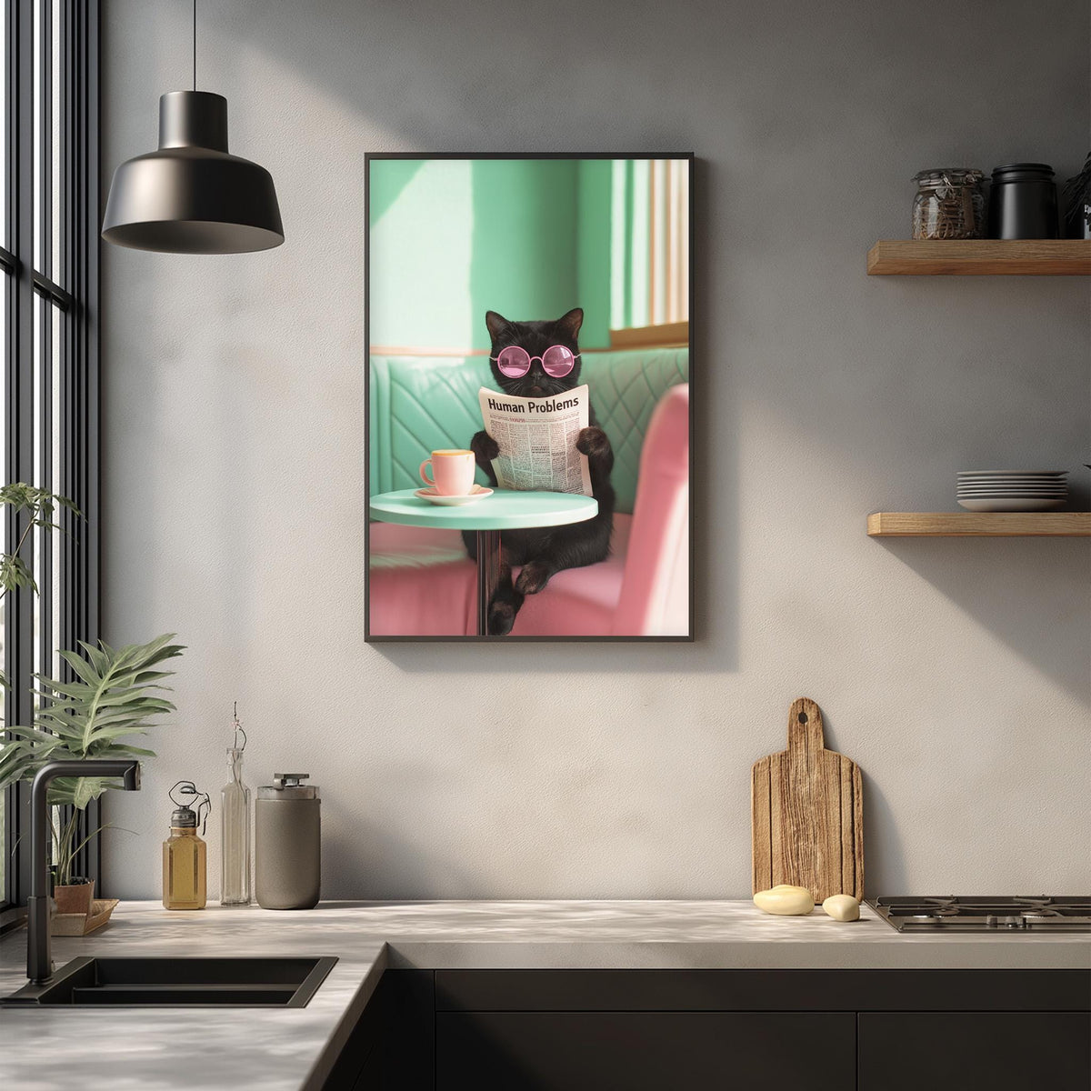 A framed image of a cat sitting in a chair, wearing sunglasses and reading a newspaper, is displayed on the wall in a modern kitchen setting.
