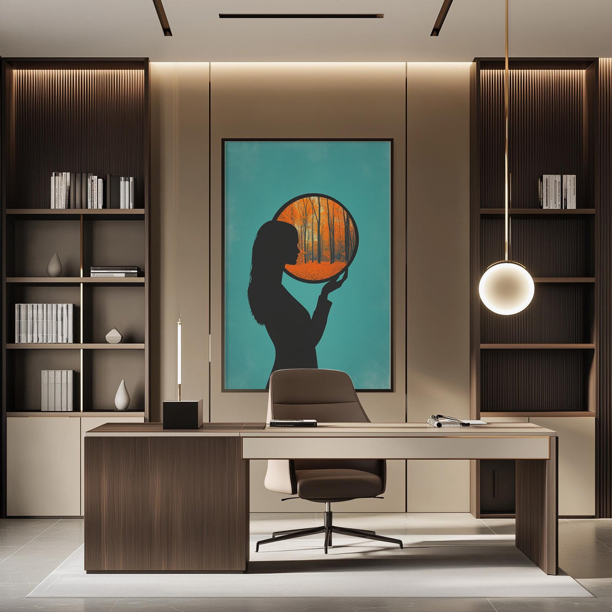 a modern and minimalist office space with a large abstract painting of a woman's silhouette on the wall, a wooden desk with a chair, and built-in bookshelves.