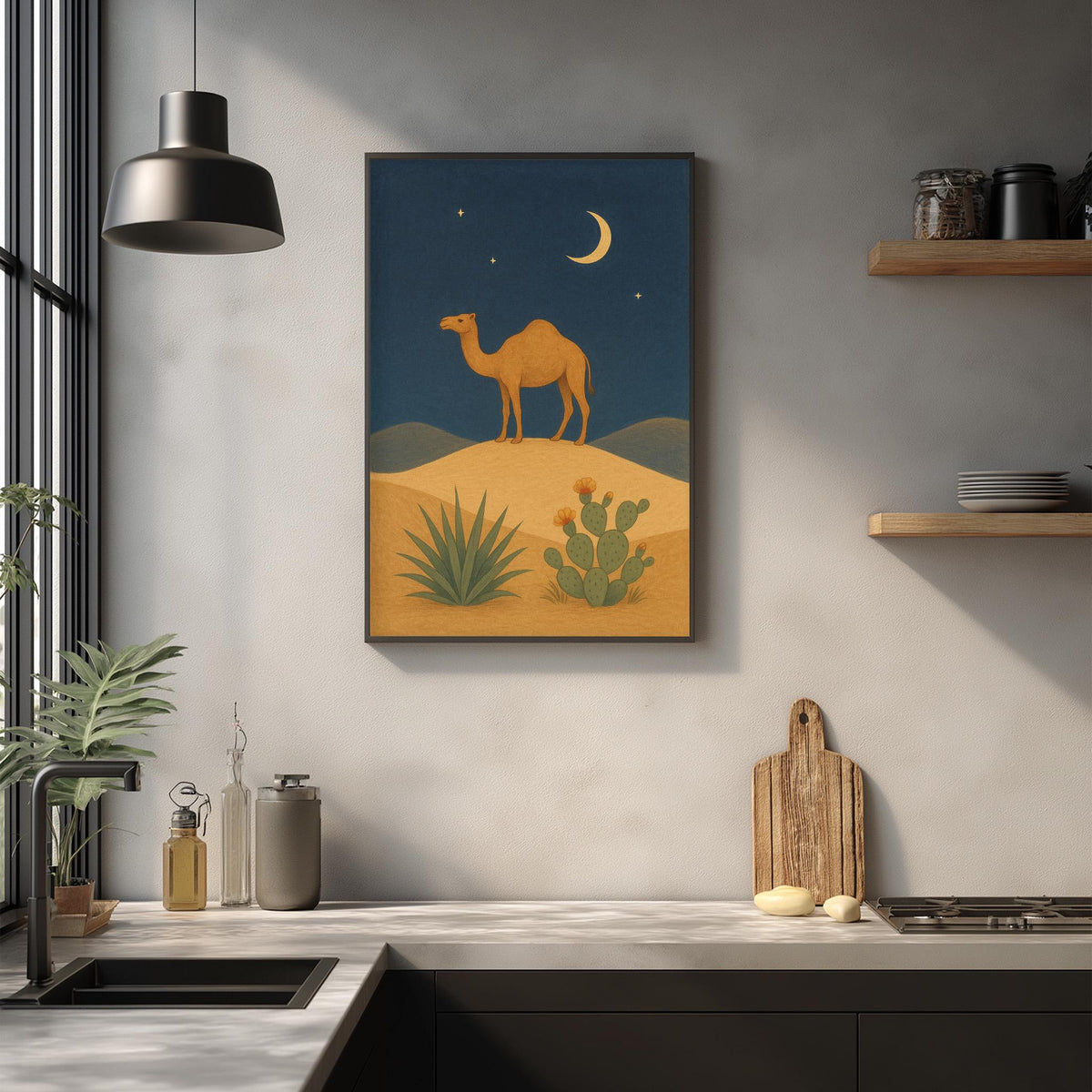 a desert scene with a camel, cactus, and a crescent moon in the night sky, hanging on a wall above a kitchen counter.