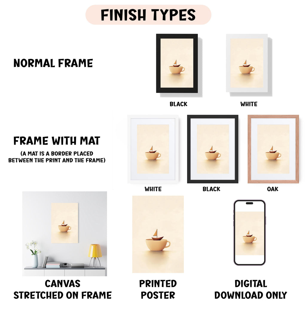 various types of artwork, including a canvas stretched on a frame, a framed poster, and a digital poster. The artwork features a cup with a sailboat on it, and the image is labeled with different finish types such as "NORMAL FRAME", "FRAME WITH MAT", "WHITE", "BLACK", and "OAK".