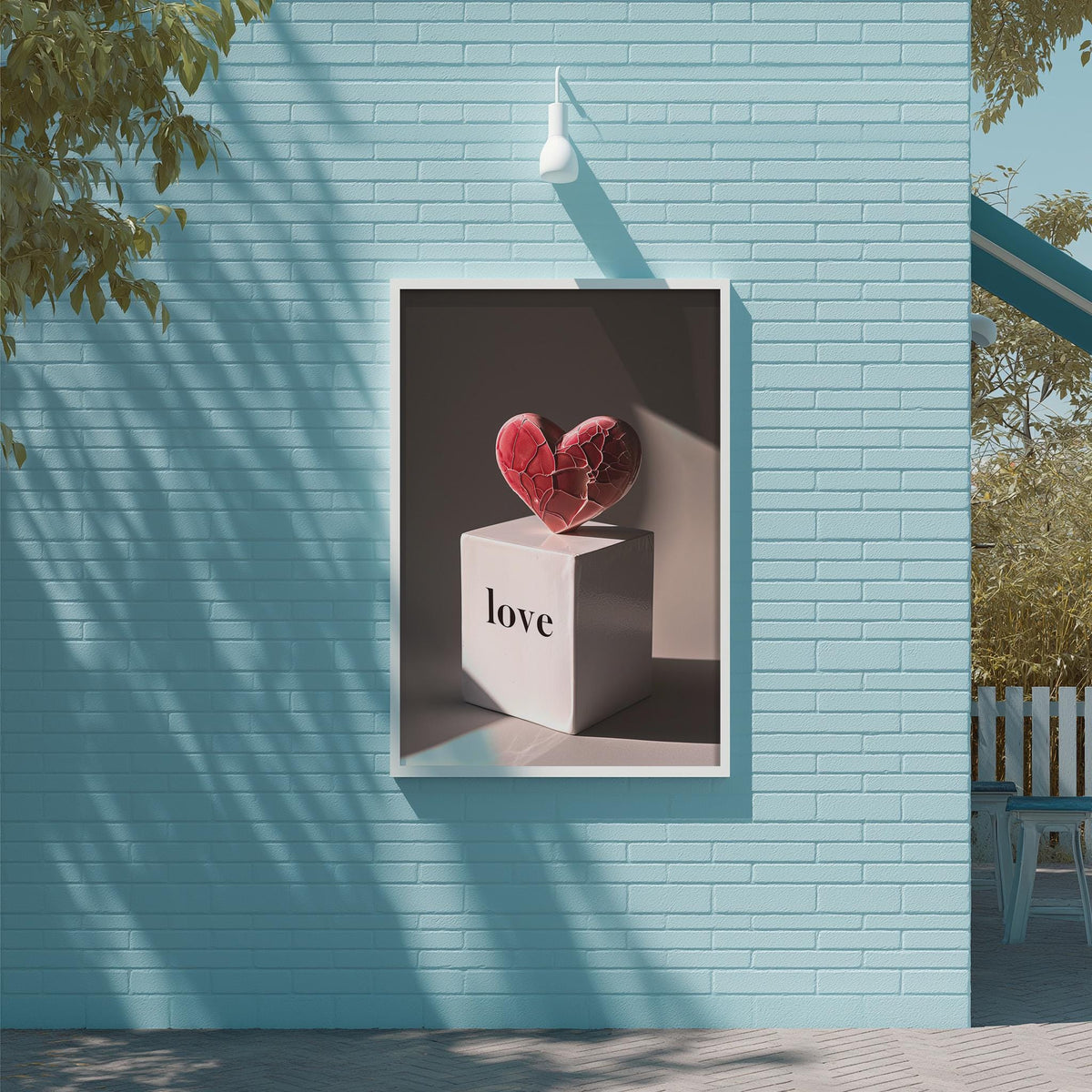 A white box with a red heart-shaped object on top, mounted on a blue wall.