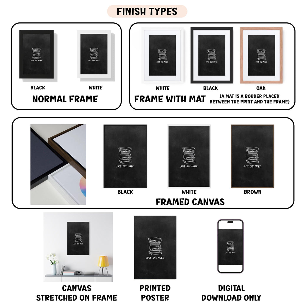 various finish types for canvas prints, including black, white, black, oak, white, framed canvas, and digital download only. It also features images of canvas prints on a wall, a stretched canvas on a frame, a framed canvas, and a poster.