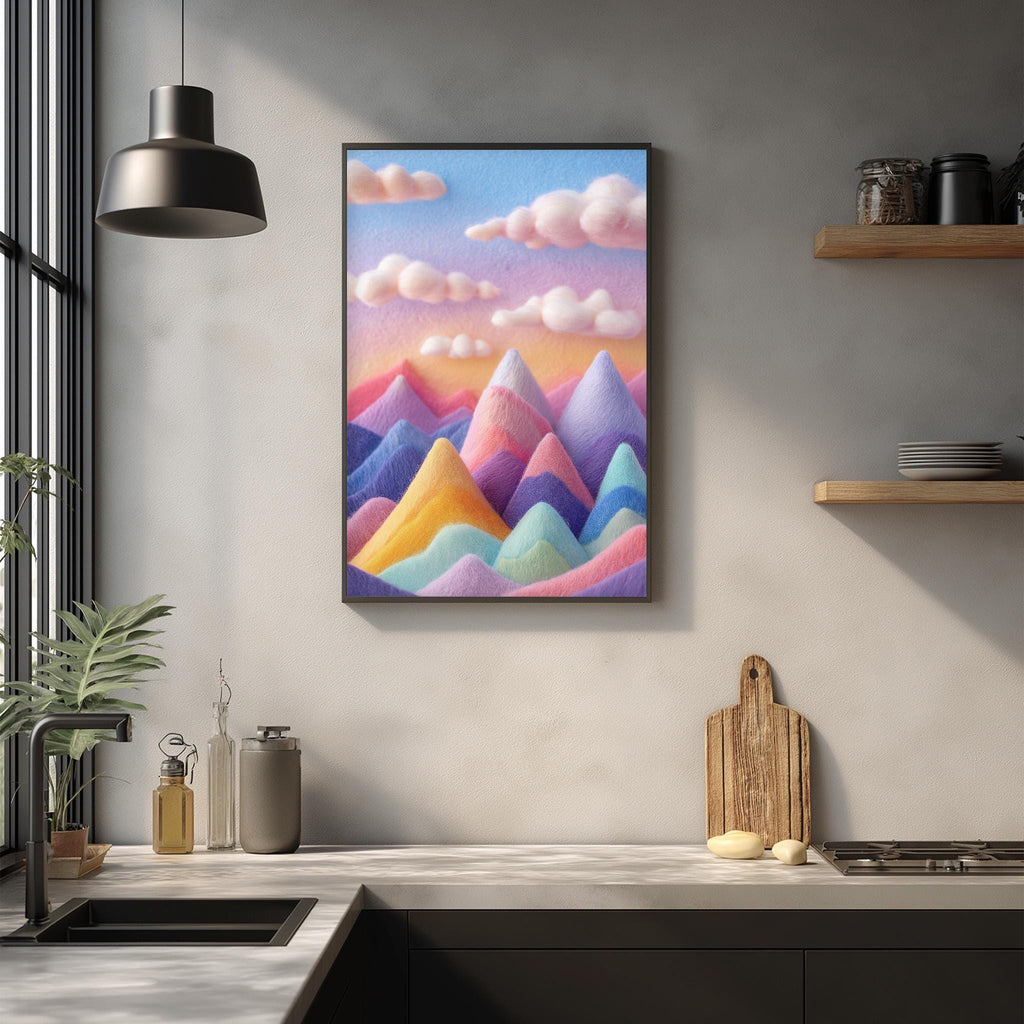 a vibrant, colorful painting of mountains hanging on a wall above a kitchen counter.