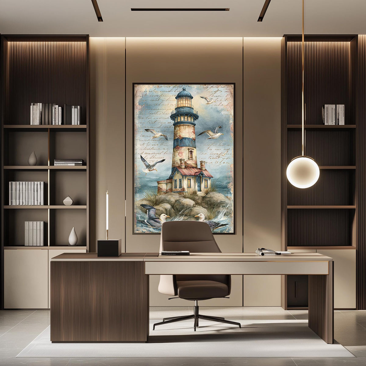a modern office space with a large painting of a lighthouse on the wall, a desk with a chair, and built-in bookshelves.