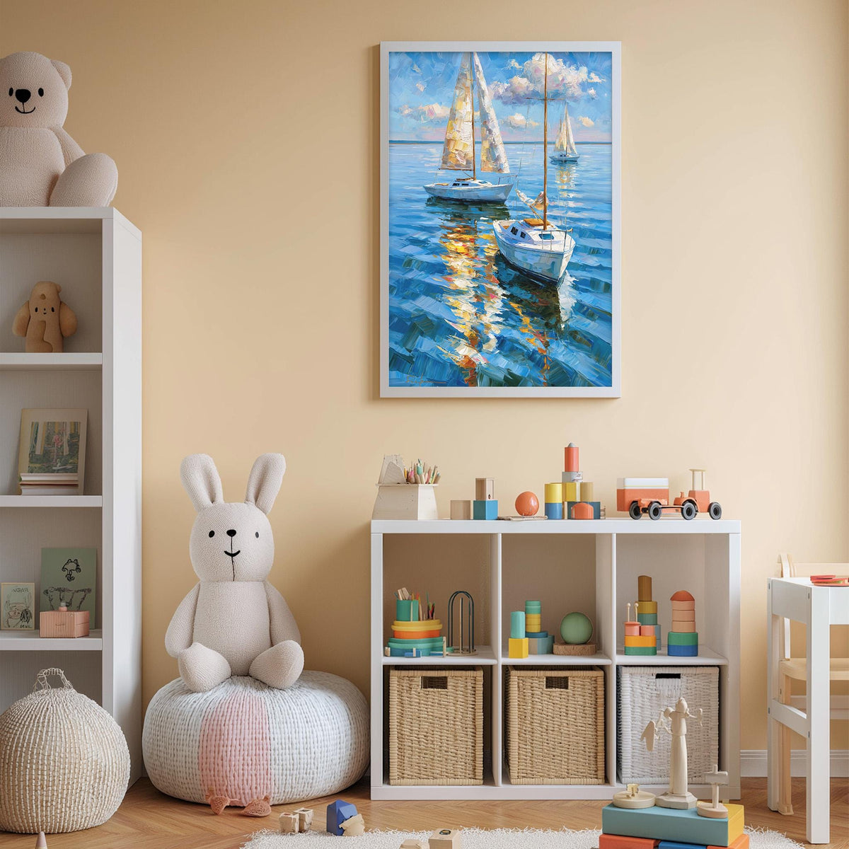 A child's bedroom with a large painting of sailboats on the wall, a white bookshelf filled with toys, and a white bean bag chair.