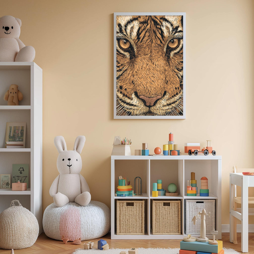 A child's bedroom with a large tiger face poster on the wall, a stuffed rabbit, a toy train, and a toy car.