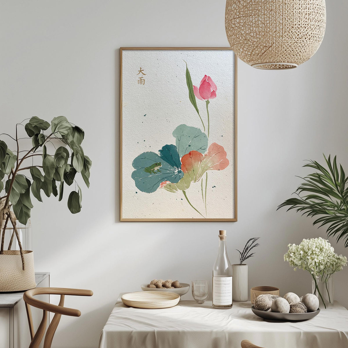 a dining table with a white tablecloth, a bowl of fruit, a bottle, and a vase with flowers. A framed picture of a flower is hanging on the wall above the table.