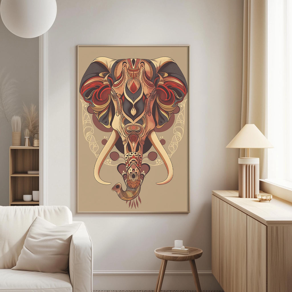 a large, colorful painting of an elephant's head hanging on a wall in a living room.