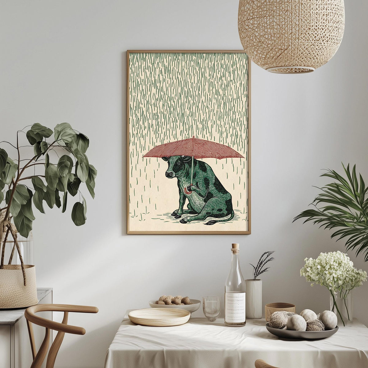 a dining table with a white tablecloth, a bowl of fruit, a bottle, and a vase with flowers. Above the table, there is a framed illustration of a cow sitting under an umbrella, with a green and brown color scheme.