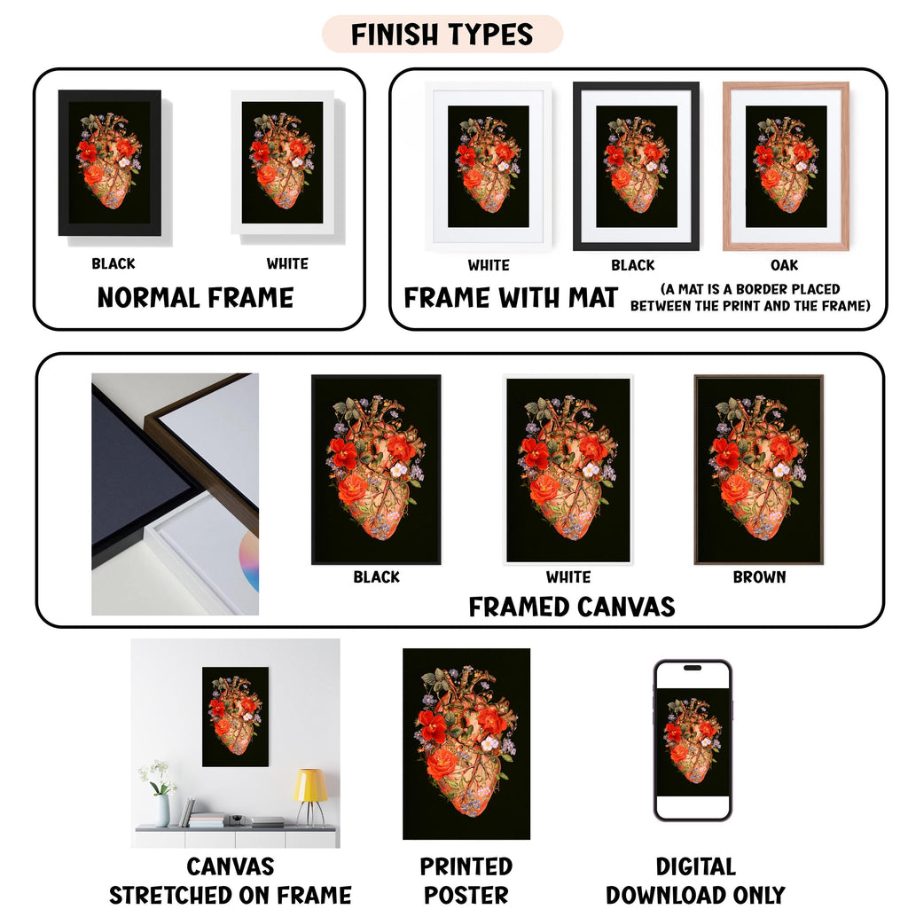 various images of a floral heart-shaped design, each framed in different colors and styles, such as black, white, and brown. The images are labeled with different finish types, including "NORMAL FRAME", "FRAME WITH MAT", "BLACK", "WHITE", "BLACK", "WHITE", "FRAMED CANVAS", "PRINTED POSTER", and "DIGITAL DOWNLOAD ONLY".