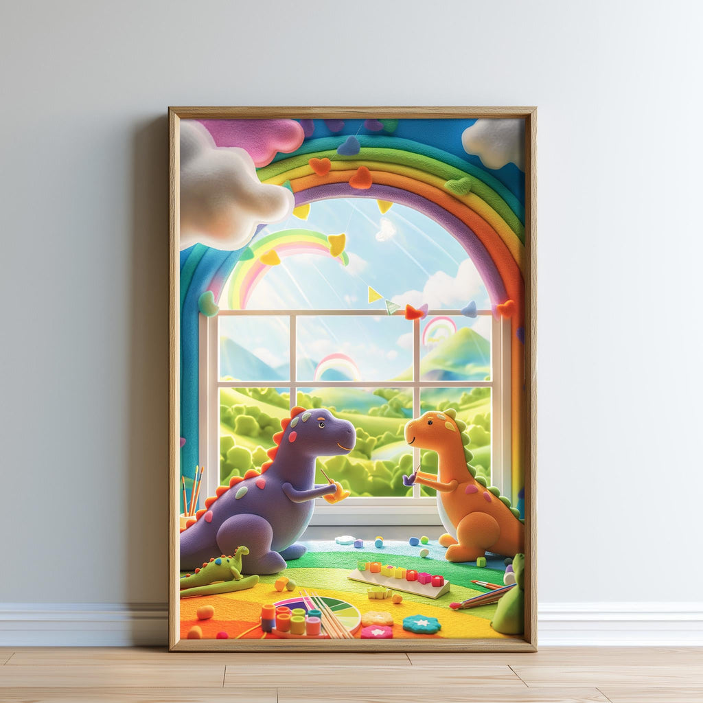 A framed illustration depicting two dinosaur toys, one purple and one orange, sitting on a colorful rug and looking out a window with a rainbow arching across the sky.
