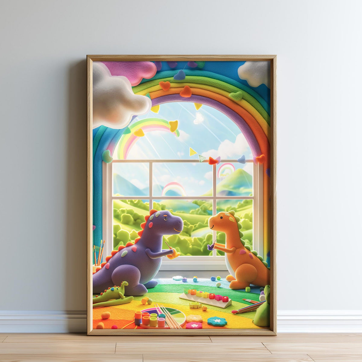 A framed illustration depicting two dinosaur toys, one purple and one orange, sitting on a colorful rug and looking out a window with a rainbow arching across the sky.