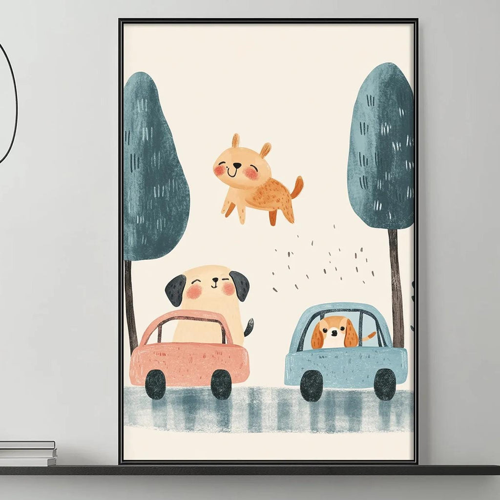 a cozy living room with a gray couch, a coffee table, and a large framed illustration of a cartoon dog riding in a car. The room has a minimalist and modern design, with a black pendant light hanging above the couch and a shelf displaying decorative items.
