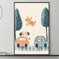 a cozy living room with a gray couch, a coffee table, and a large framed illustration of a cartoon dog riding in a car. The room has a minimalist and modern design, with a black pendant light hanging above the couch and a shelf displaying decorative items.