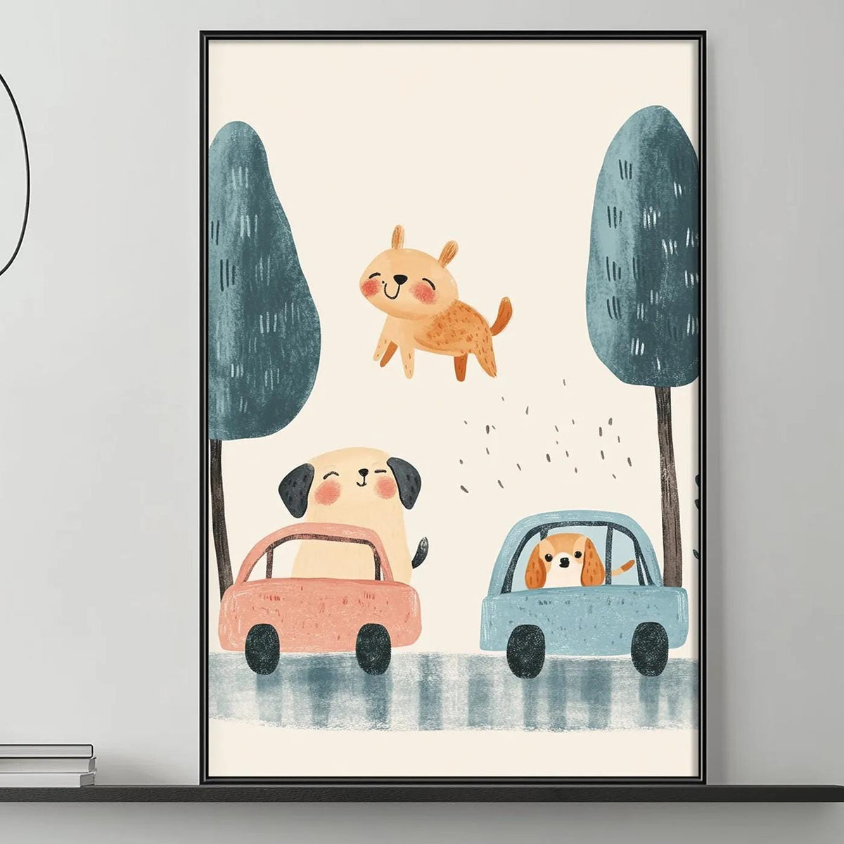 a cozy living room with a gray couch, a coffee table, and a large framed illustration of a cartoon dog riding in a car. The room has a minimalist and modern design, with a black pendant light hanging above the couch and a shelf displaying decorative items.